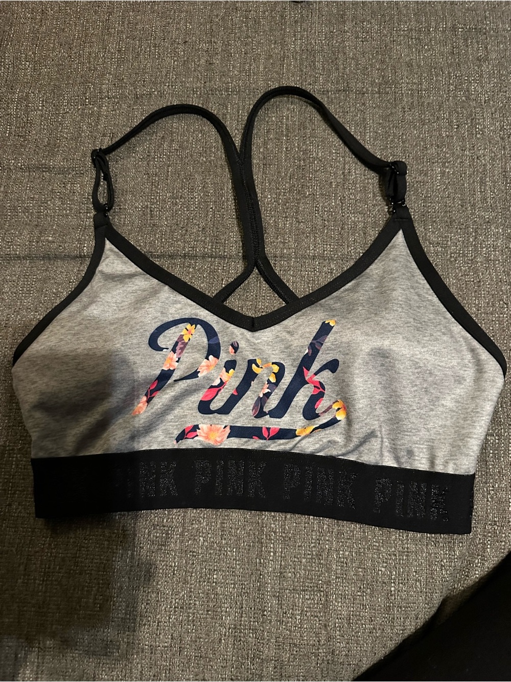 Victoria's Secret PINK Gray Floral Logo Bralette with Black Trim